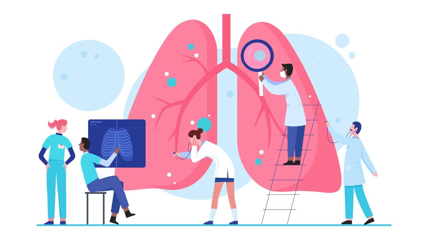 Doctors scientists people in laboratory researches lungs organ healthcare medical concept flat vector illustration. Pulmonology, determine diagnosis, disease treatment. Internal organ inspecti